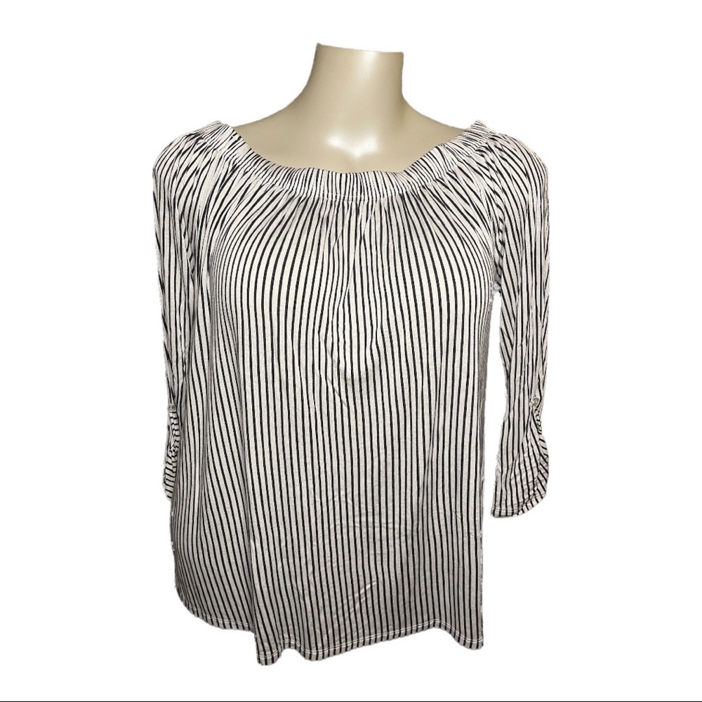 Love J 2X Off The Shoulder Blouse Roll Up Sleeves White and Black Stripes Soft